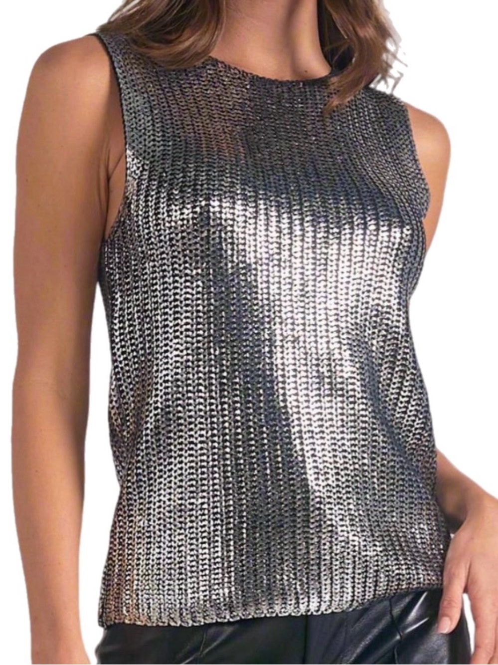 Elan Sleeveless Metallic Crewneck Sweater Top Silver Size Large NWT Camilla